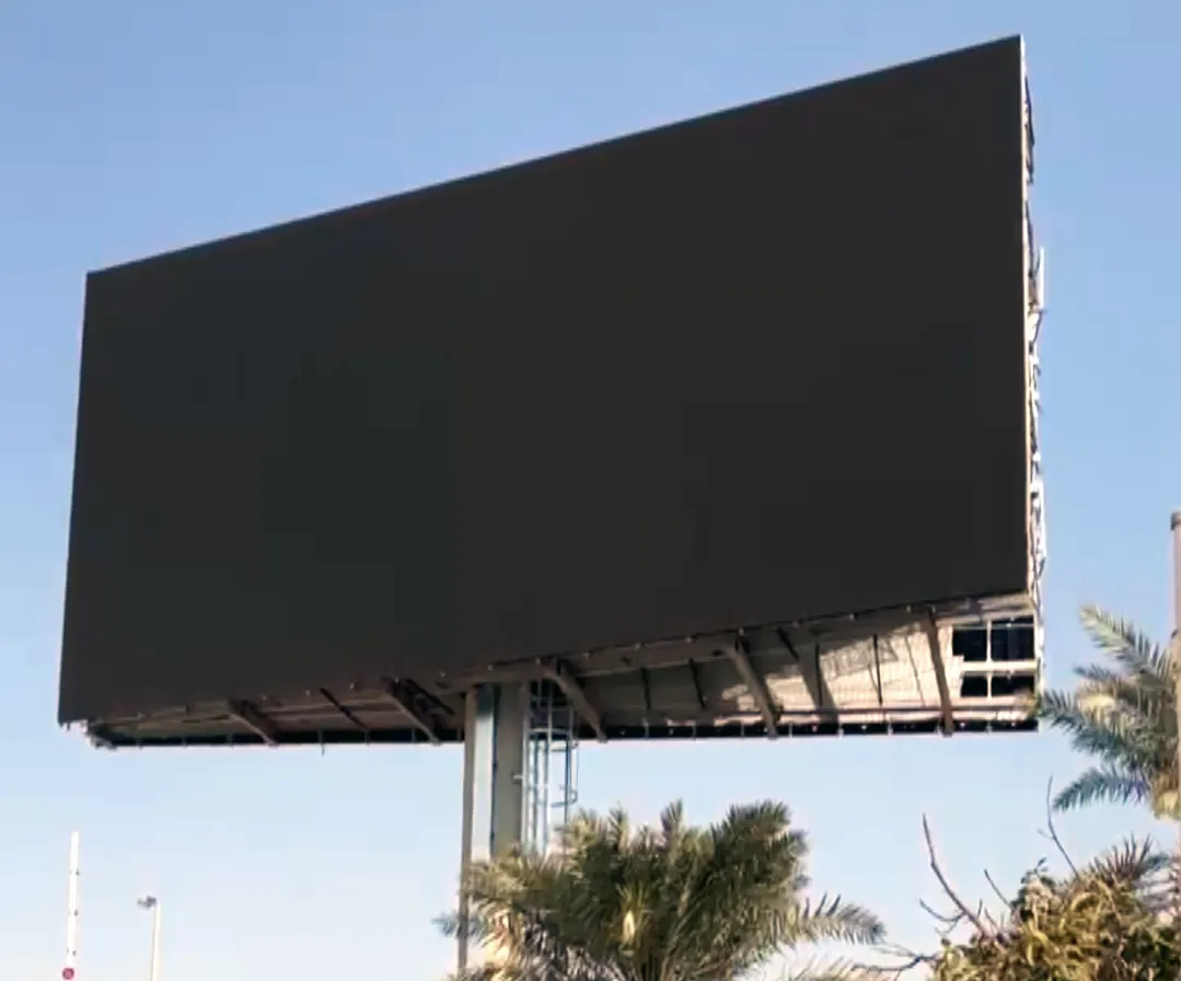 MediaMix LED wall, Dubai Courts: the screen and its steel frame seen from below (frame 1 of 3)