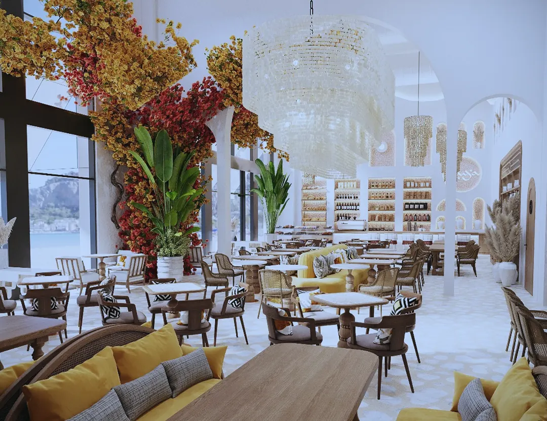 Saya Brasserie, Dubai Creek Harbour: dining room with autumn planting, arched shelving and a crystal pendant (frame 1 of 3)